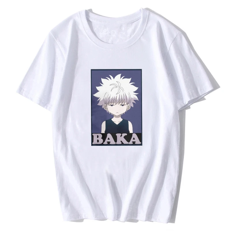 Охотник х Охотник футболки Killua Zoldyck Baka классический комикс о-образный вырез с коротким рукавом классический аниме Япония хлопок футболки мужские - Цвет: Белый