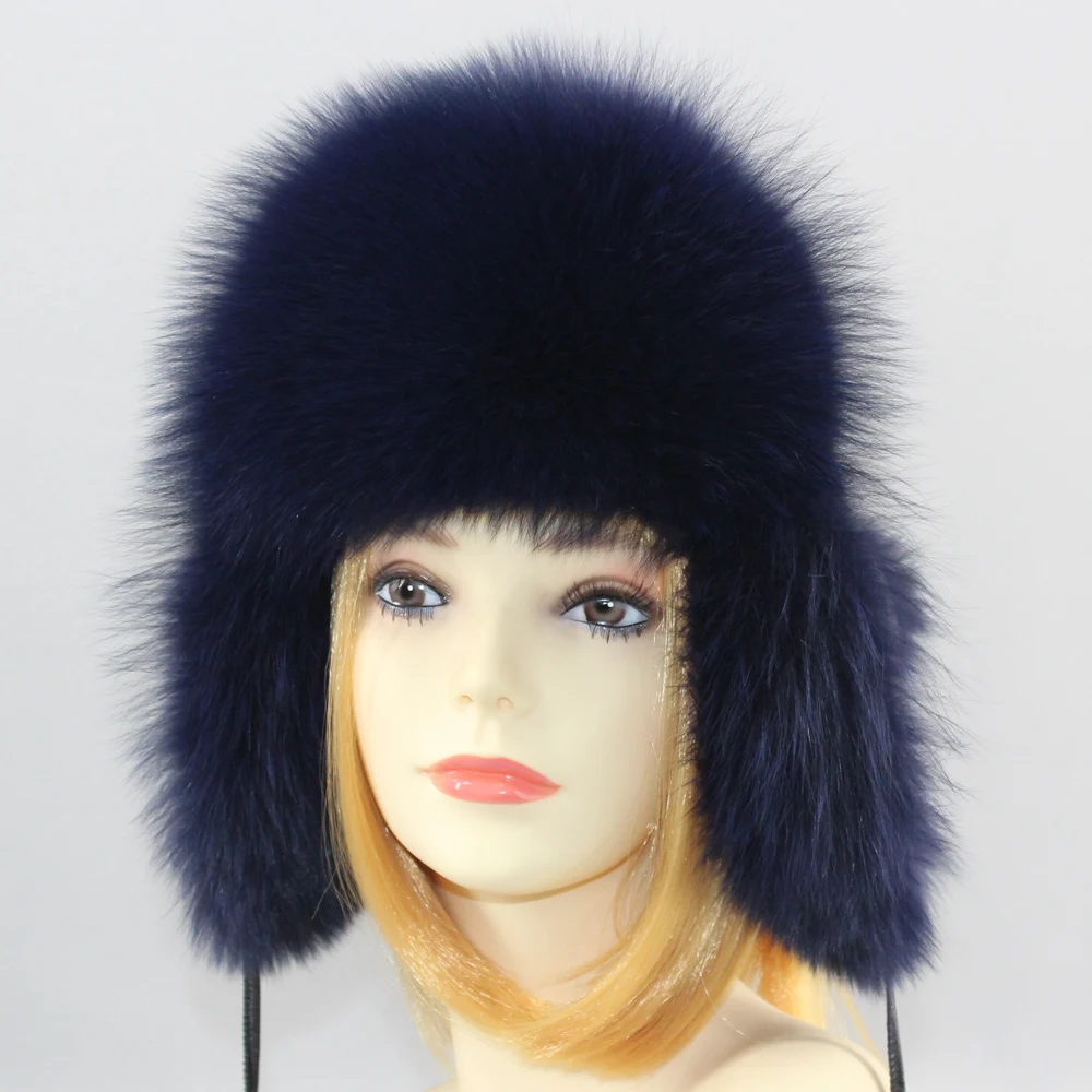 Genuin Fox Fur Hats Lady Real Fox Fur Lei Feng Cap for Russian Women Bomber Hats with Leather Caps Retail wholesale