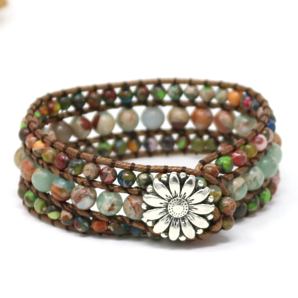 

Ethnic Boho Multilayer Bracelet Leather 3 Strands Bead Wrap Bracelet Women Natural Semi Precious Stones Bracelet Dropshipping