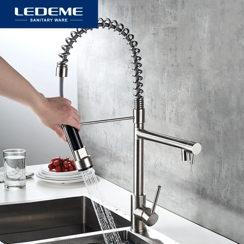 

LEDEME Kitchen Faucets Sink Single Lever Pull Out Spring Spout Mixers Tap Stainless Steel Crane Kitchen Faucets L76005-2
