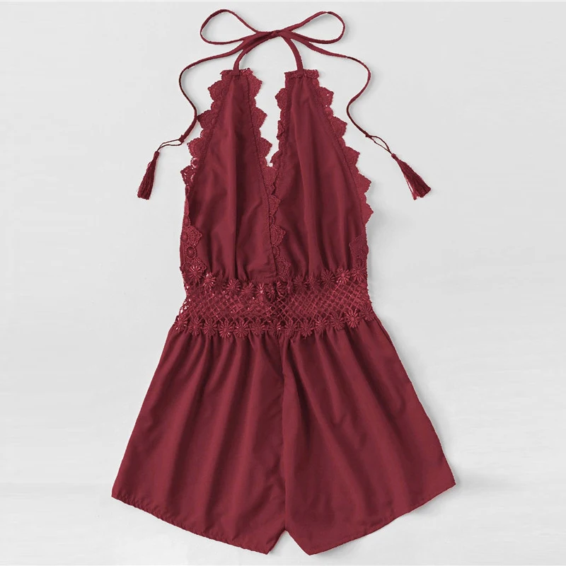 ROMWE Red Lace Trim Sexy V Neck Backless Fringe Halter Rompers Women Open Back Mid Waist Short Straight Leg Summer Playsuits