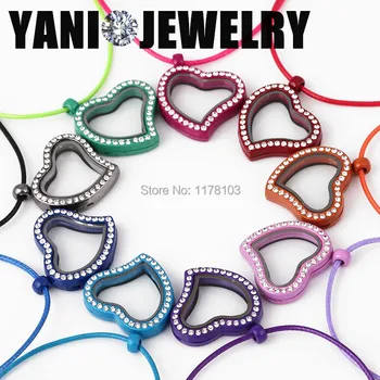 

New!!! 10pcs/lot 30mm Crystal Heart Floating Locket Pendant Necklace Colorful Heart Magnetic Glass Locket with Chain