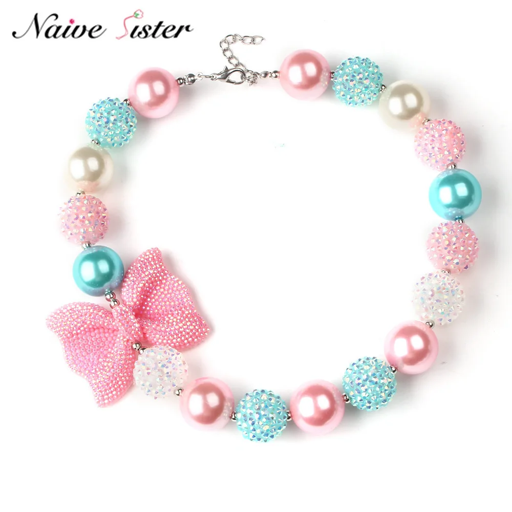 

High Quality Handmade Jewelry Fashion Chokers Necklaces for Girls Pink Bowknot Candy Colors Beads Necklace Kids Christmas Gift
