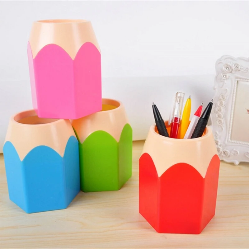 

plastic multifunction Pencil shape Pen holder Plastic Removable Students Supplies Pencil Shape Dual-Use Round Pen Holder 5 Color