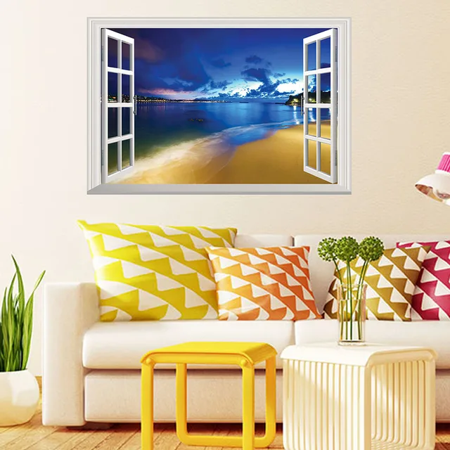 4 types cool 3d window landscape wall sticker self adhesive pvc