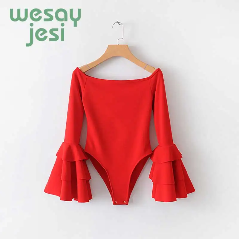 2019 Off Shoulder Ruffles sleeves Bodysuits Women Flare Sleeve Playsuit Female Body Suit Combinaison long sleeve jumpsuit 2019 Off Shoulder Ruffles sleeves Bodysuits Women Flare Sleeve Playsuit Female Body Suit Combinaison long sleeve jumpsuit