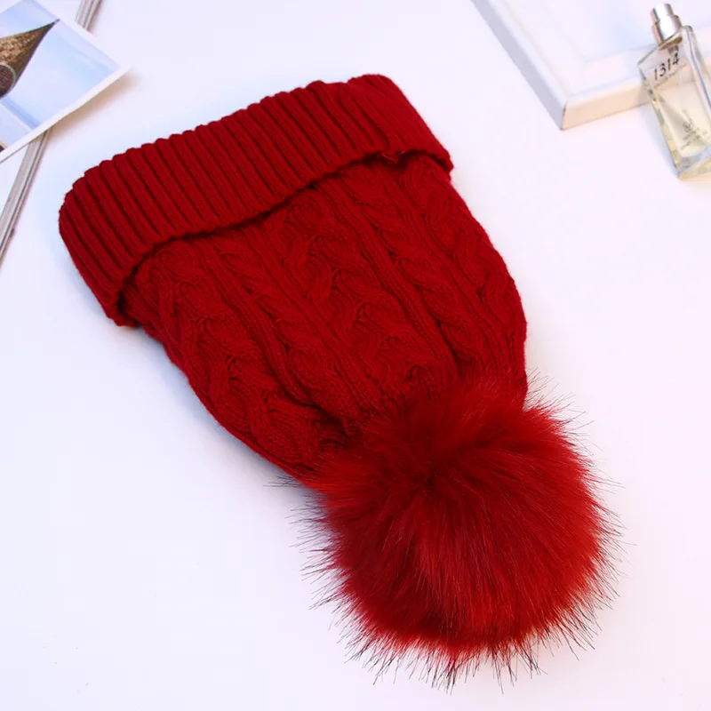 

[Lakysilk] Women Winter Warm Red Knitted Beanies Solid Fashion Casual Female Beanie With Pompom Lady's Girls Cap 2018 Design