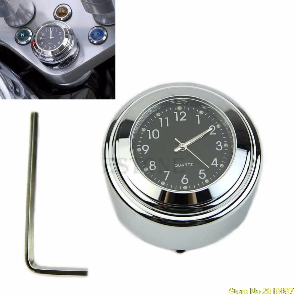 

New Motorcycle Bike Chrome Waterproof Black Dial Handlebar Clock Glow Watch Drop Shipping Support