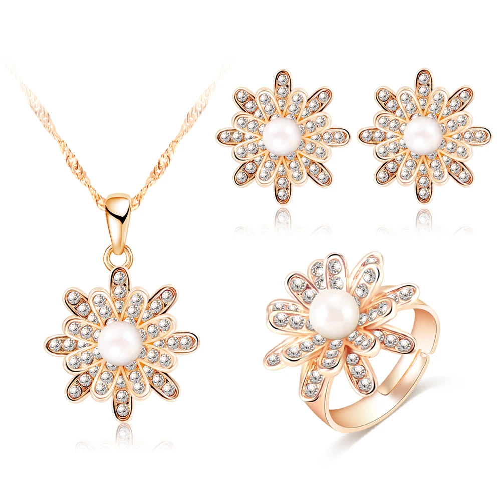 LZESHINE New Bride Pearl Jewelry Sets Rose Gold Color Flower Pendant ...