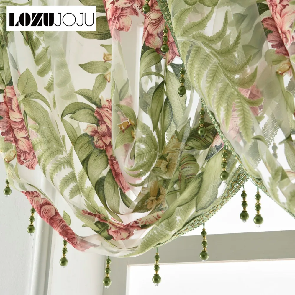 

LOZUJOJU Floral Pattern Drops Tulle Green Curtains Multiple Processing Drapery Spring cloth Rustic Pastoral Style Decor Short
