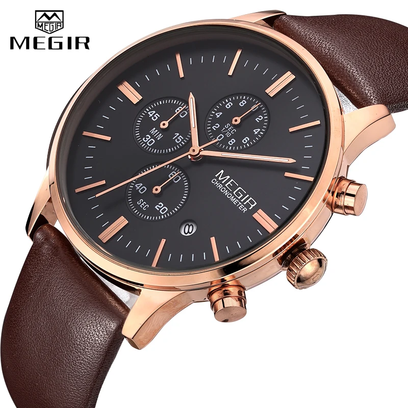 

MEGIR Luxury Casual Men Watches Leather Strap Quartz Chronograph Top Brand Watch Military Sport Men relogio feminino Waterproof