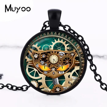 

2017 new hot Wholsale Handmade Steampunk clock pendant Clock Jewelry Steampunk Cat Necklace for Kids Chain necklace HZ1