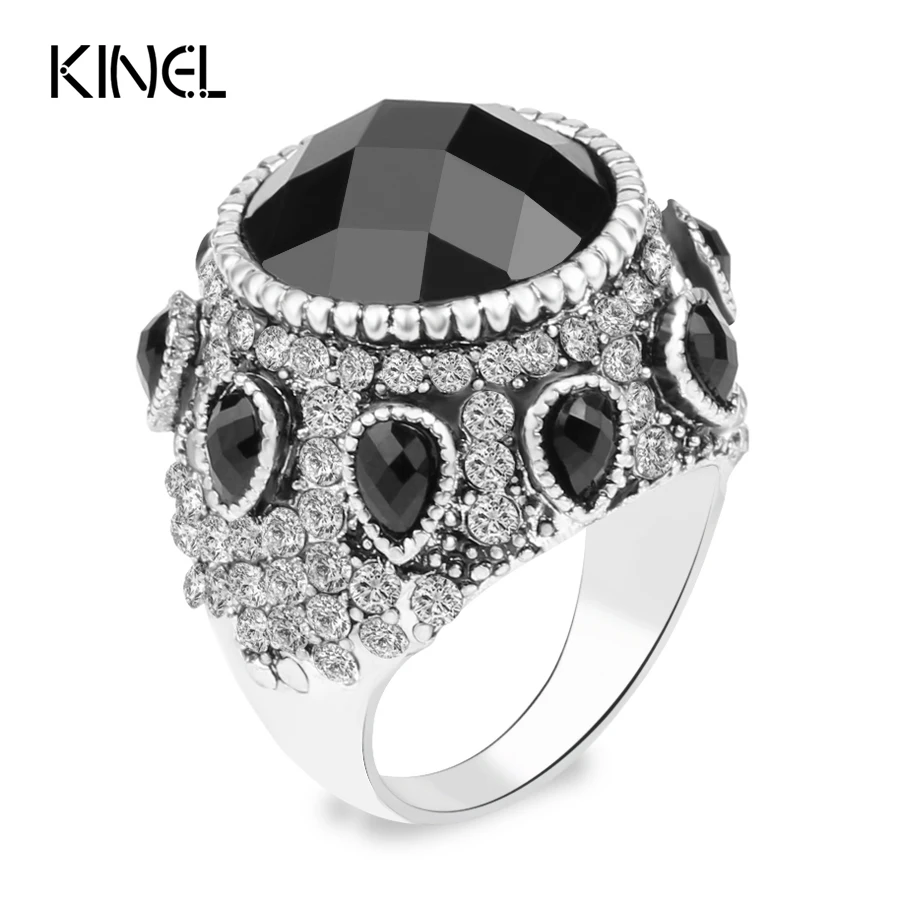 

Kinel Vintage Jewelry 2016 New Bohemia Punk Black Big Ring Silver Plated Mosaic Crystal Wedding Rings For Women New Year Gift