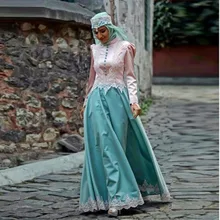 Formal Muslim Evening Dresses 2017 Islamic Abayas Appliques Long Sleeve Arabic Kaftan with Hijab Abendkleider