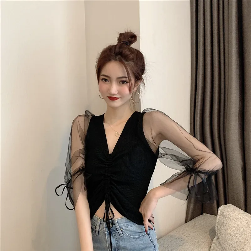 

2019 Autumn V-neck Knitted Sweaters Pullovers Patchwork Mesh Full Flare Sleeve Women Short Sweater Shirts Tops For Girls