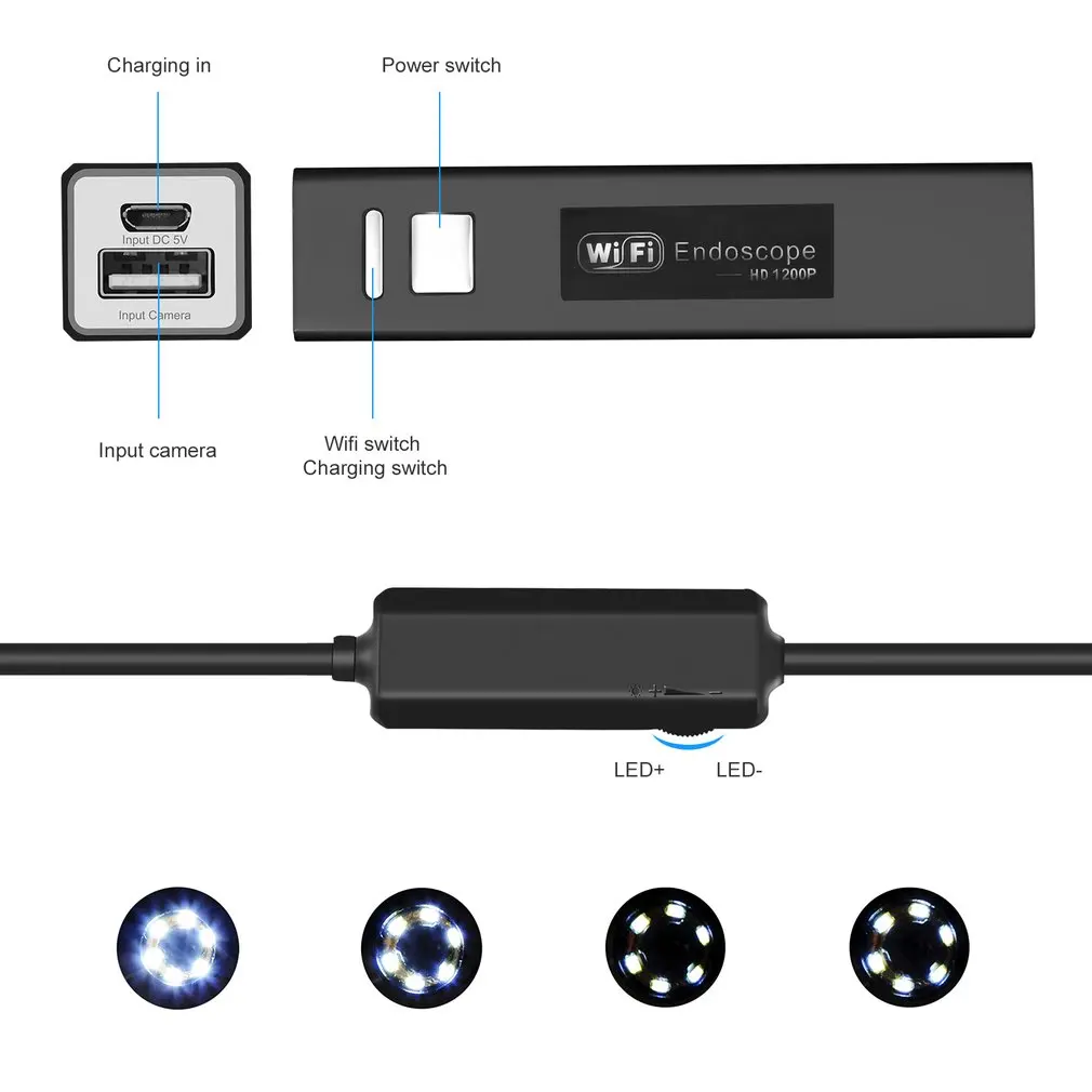 Беспроводной Эндоскоп 2MP HD1200P Wifi USB бороскоп Водонепроницаемая Инспекционная камера полужесткая Гибкая камера змеи 5 метров