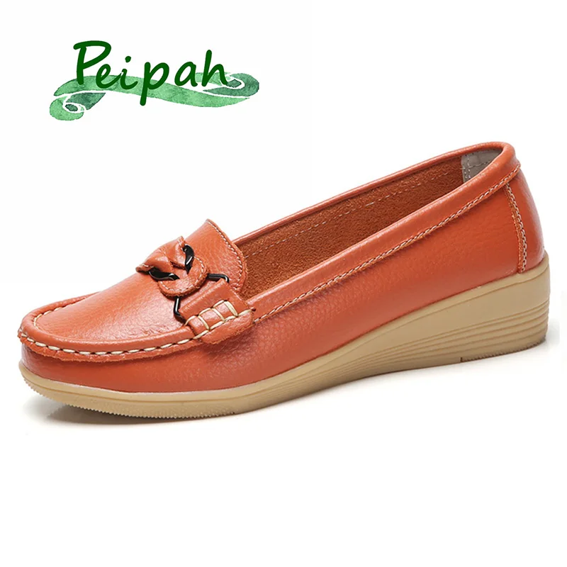 

PEIPAH Genuine Leather Women Wedge Shoes Buckle Decoration Loafers Chaussure Femme Slip On Nurse Shoes Solid Wild Mother Shoes