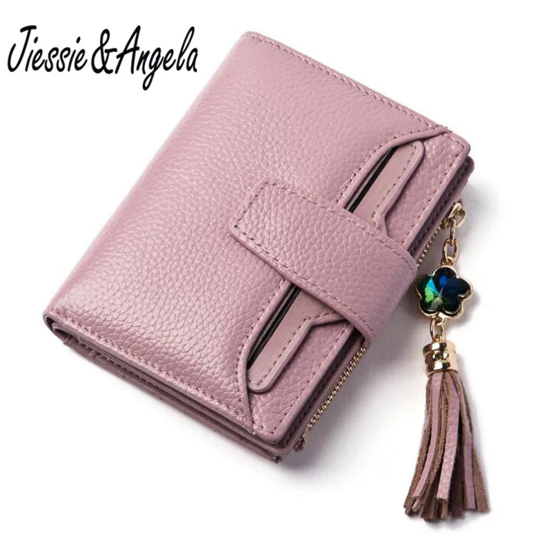 Goedkoop Jiessie   Angela Nieuwe Lederen Portemonnee Luxe Merk Vrouwen kleine Portefeuilles Vrouwelijke Effen Hasp Id Kaarthouder Pocket Kaarten Coin