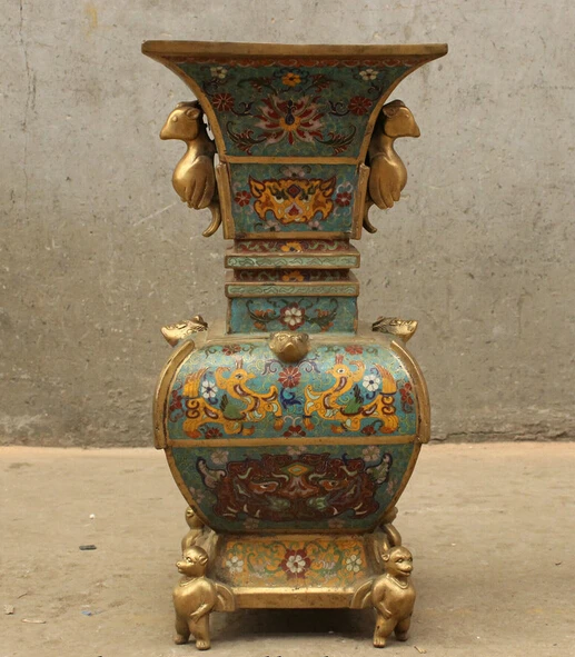 

wholesale factory 20 China Bronze Copper Cloisonne Palace Bird Monkey Statue Phoenix Zun Vase Pot