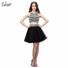 Nueva Moda de Dos Piezas de Cóctel 2017 Vestidos de Una Línea de Cuentas con lentejuelas y Espalda Abierta Negro Corto Vestido de Las Mujeres Del Partido de Coctel Formal vestido