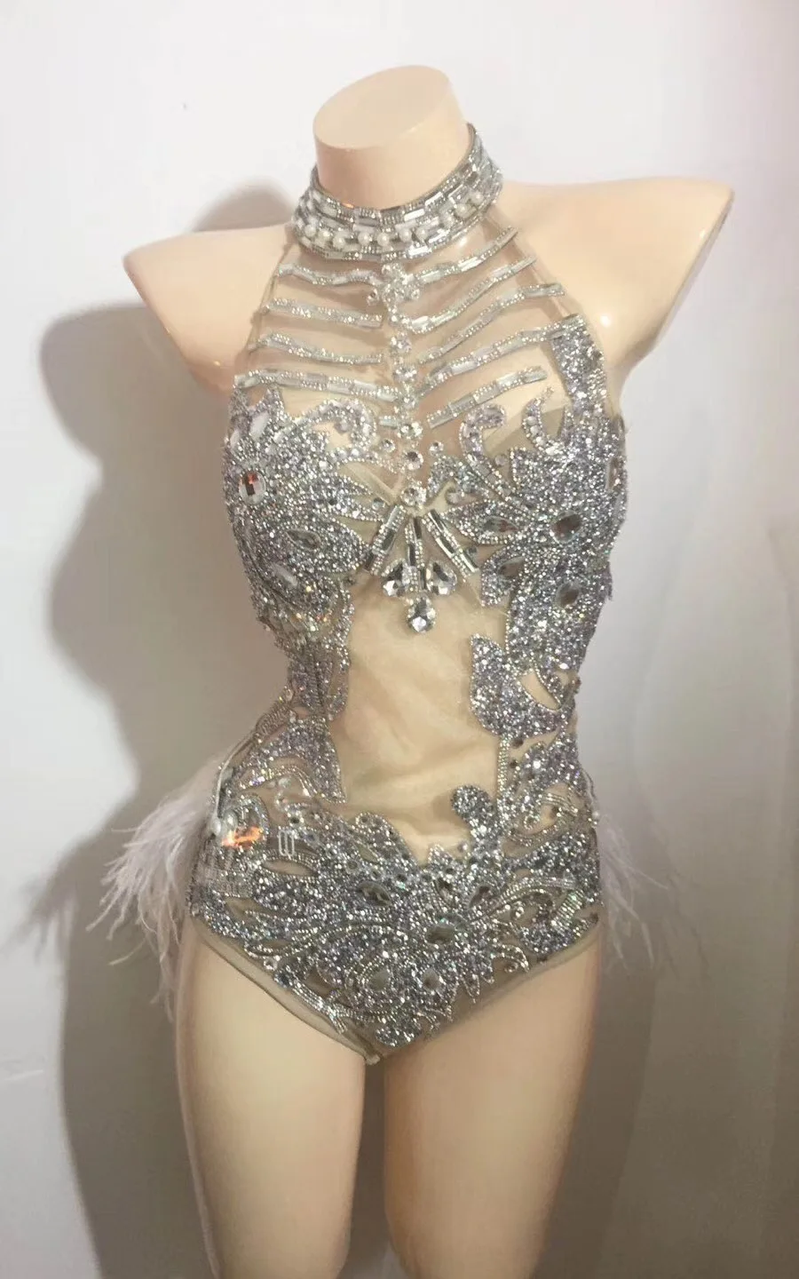 fishnet bodysuit Sparkly Silver Crystlas Feather Bodysuit Sexy Perspective Costume Design Party Dj   Singer Nightclub Dance Gloves Costume body suits for women