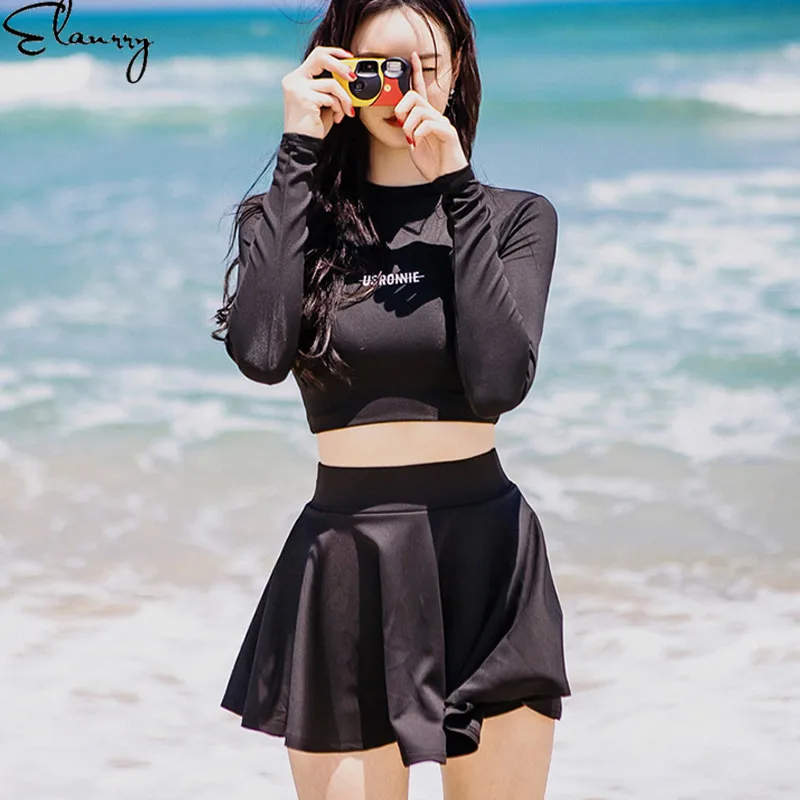 

2019 Newest Women Tankini Sport Black Push Up Long Sleeves Sufing Suits Summer Ladies Beach Wear Swim Skirt Rashguards Maillot