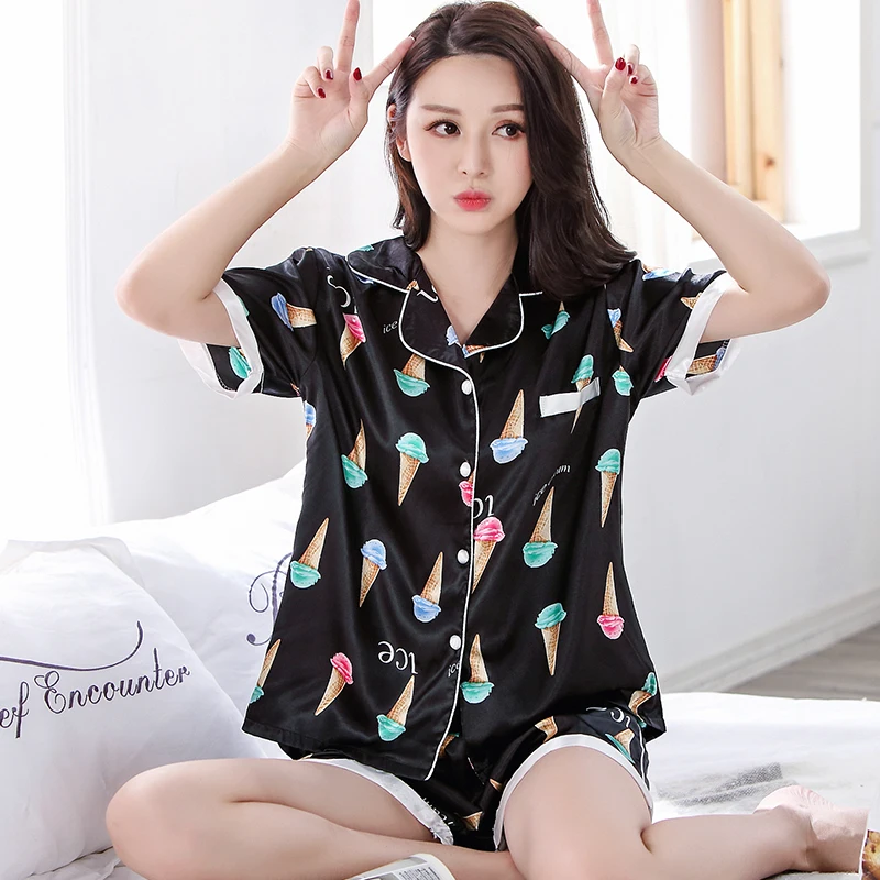 

Summer Short Sleeved Silk Pajamas Sets Women Pyjamas Ice Cream Printed Sleepwear Female Casual Tracksuit Plus Size Pijamas Mujer
