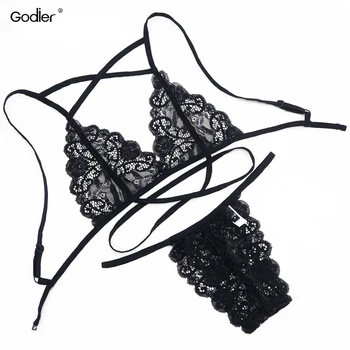

Godier Women sexy lace transparent bra set Across Bra High Waist G-string Underwear Suit ultra-thin lingerie set Straps bralette