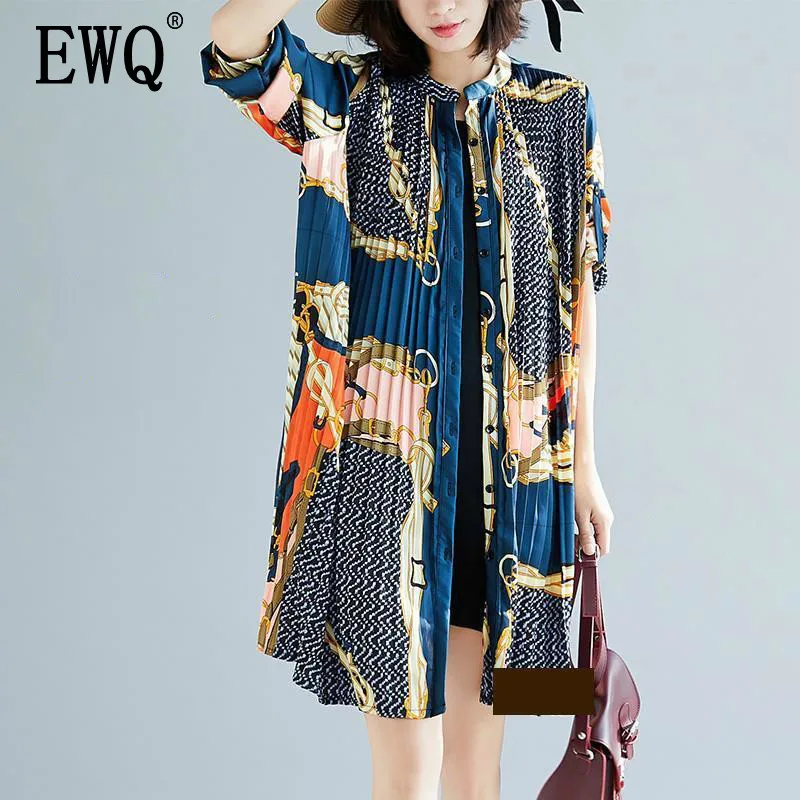 

[EWQ] 2019 Spring summer new pattern stand collar puff sleeve casaul loose larege size chiffon shirt women fashion tide AD21505