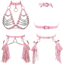 Готический стиль Харадзюку Бохо кисточкой розовый кожаный жгут бюстгальтер Женские чулки подвязка пояс в клеточку Топы Плюс Размер комплект нижнего белья фестивальный рейв