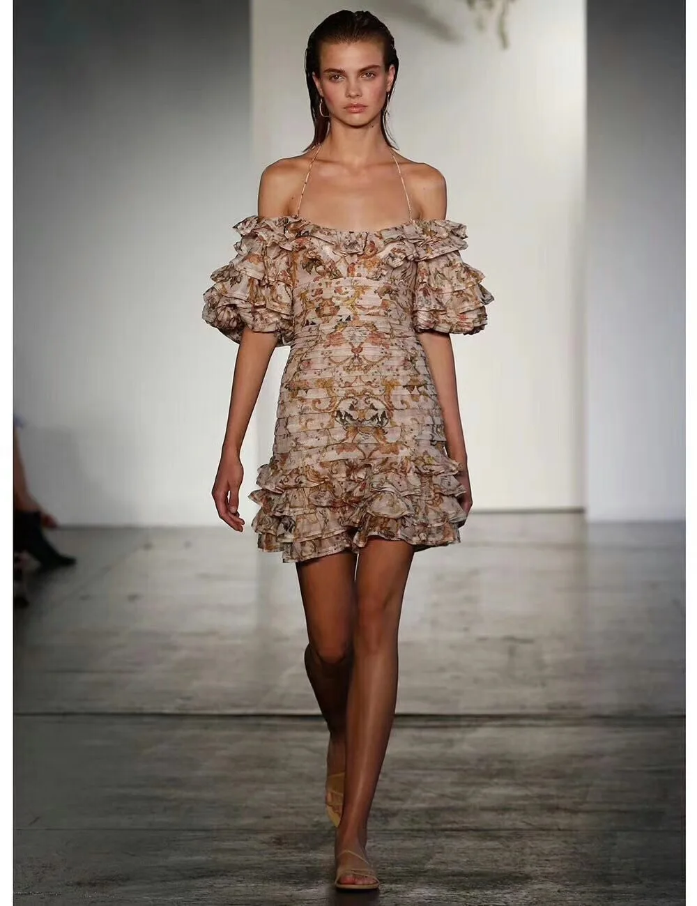 Women Painted Heart Folds Ruffle Dress Halter Tie Multicolor Peach