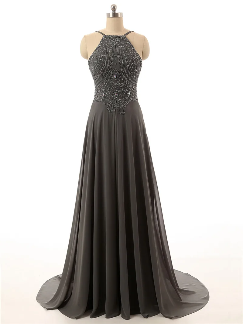 Gray 2019 Prom Dresses A line Halter Chiffon Beaded Crsytals Backless ...