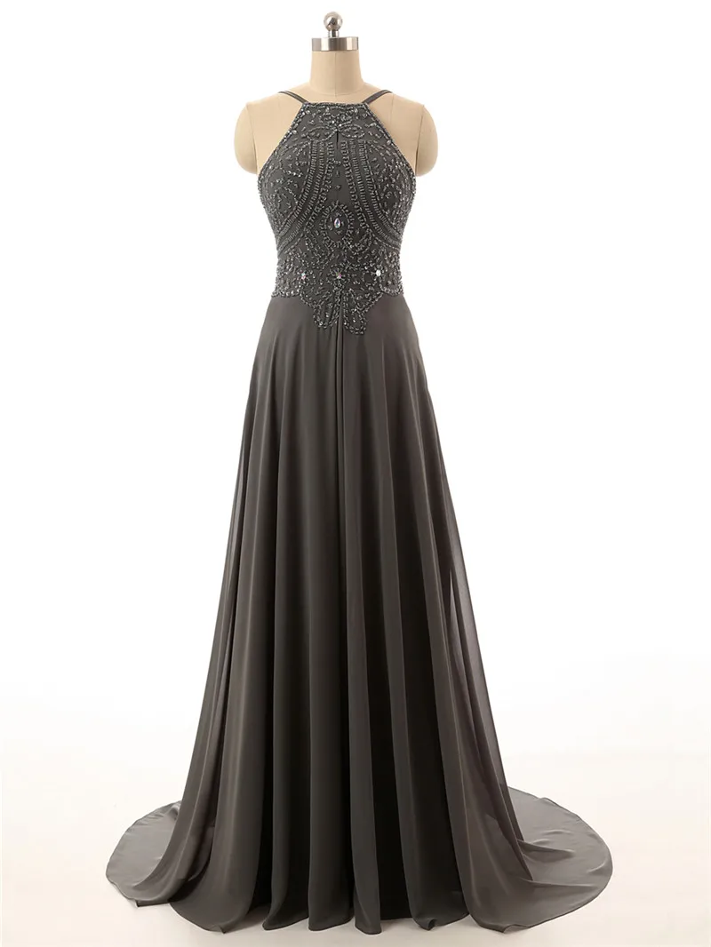 Gray 2019 Prom Dresses A line Halter Chiffon Beaded Crsytals Backless