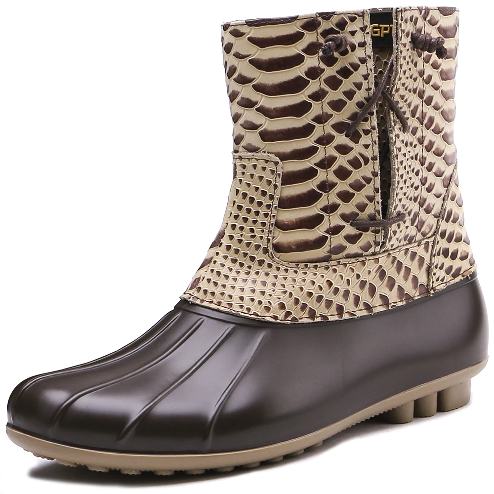 

TONGPU Women's Garden Shoes Lady's Waterproof Low Heel Ankle-High Rain Boots ECO-PVC with Genuine Leather Upper 28-300