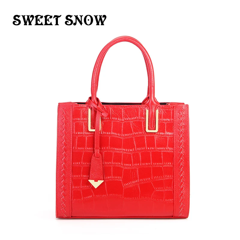 

SWEET SNOW Genuine Leather handbag Fashion shoulder Crocodile pattern Bags Head layer Cowhide Women handbag New Totes bag