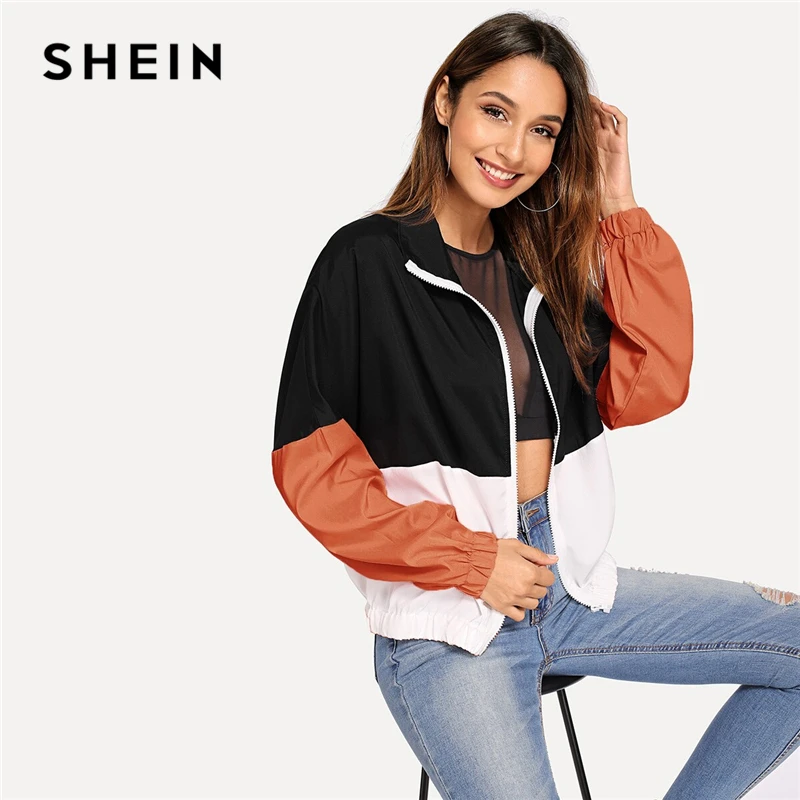 discounted  SHEIN Multicolor Elastic Hem Color Block Windbreaker Jacket Women Summer Autumn Long Sleeve Sportin