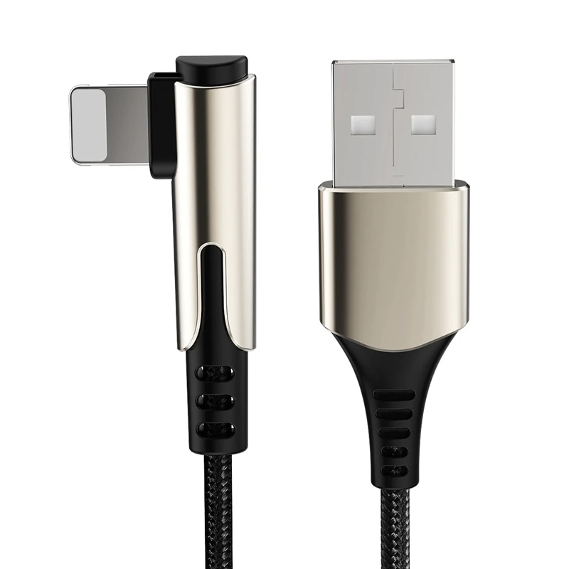 ROCK 90 градусов USB кабель для телефона 2.4A Быстрая зарядка кабель для iPhone iPad зарядка и синхронизация Zn-сплав нейлоновый плетеный шнур данных для iOS - Цвет: Black