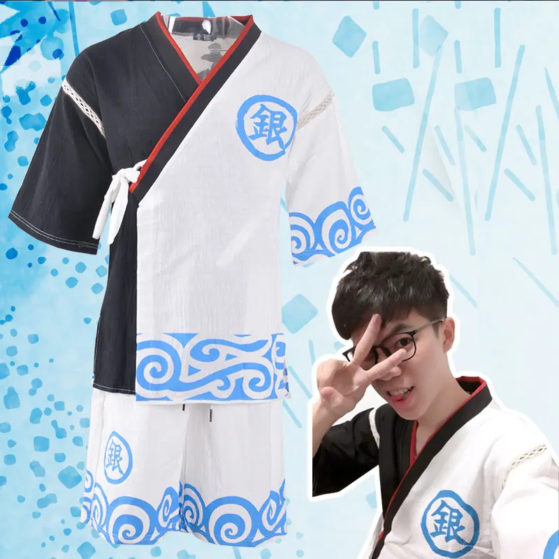 

Japanese Anime GINTAMA Sakata Gintoki Cute Cosplay Bathrobe Otaku Home Clothes Men's Cotton linen Pajama set