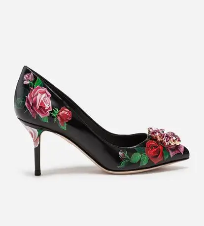 Zapatos mujer; Весенние Свадебные туфли; женские модельные туфли-лодочки на шпильке с принтом розы; женские туфли из черной кожи на высоком каблуке со стразами - Цвет: color 8