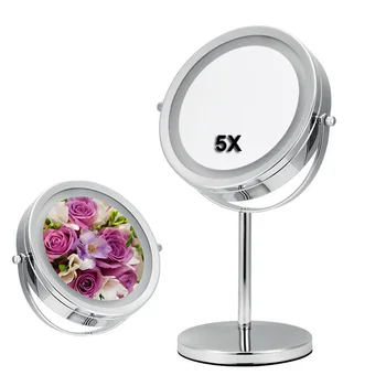 

7 Inch 5 Times Round Magnifying Glass Makeup Mirror Double-Sided Round LED Rotating Mirror Makeup Mirrors Magnifying Glass Frame