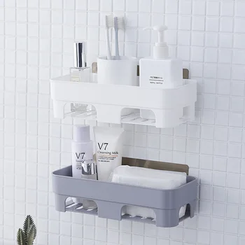 

Seamless bathroom shelf plastic punch-free rectangular storage rack toilet bathroom supplies hanging basket lw0226432