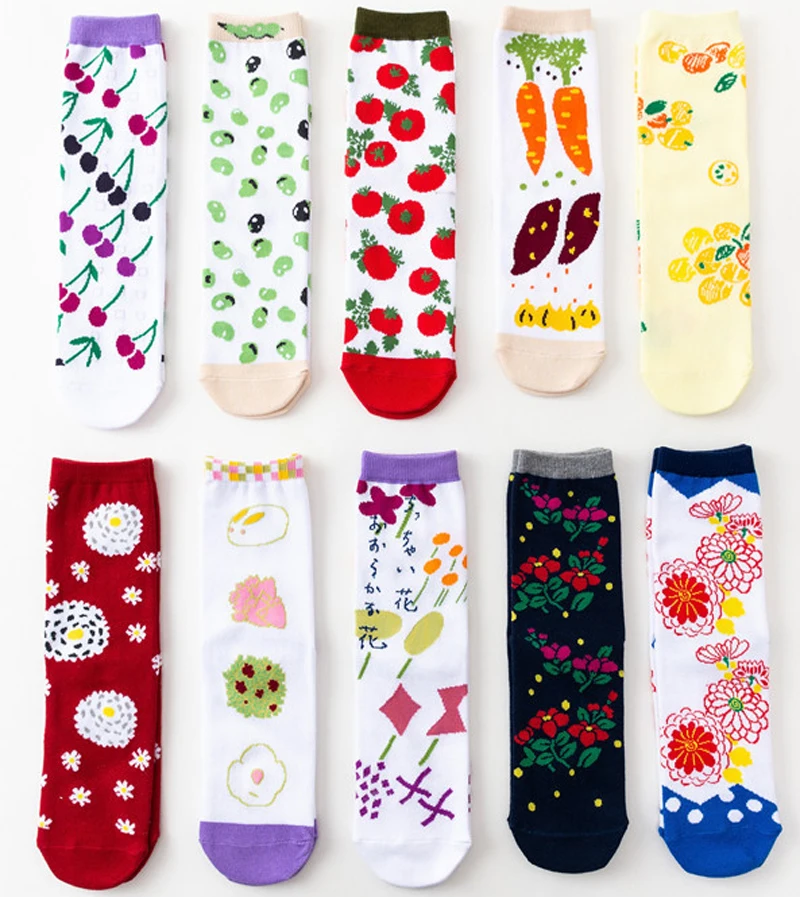 

women Cartoon fruit socks Cherry Green beans Hawthorn carrot lemon Dandelion rabbit Lotus Safflower Wave point Mid-tube socks