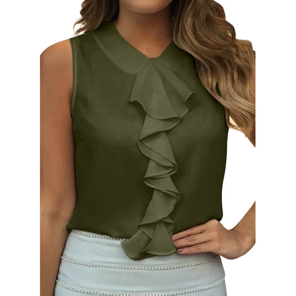 

JAYCOSIN 2019 New Summer Women Tank Tops Sexy Beach Elegant Vest Solid Ruffle Sleeveless Casual Chiffon Blouse Shirt 904056