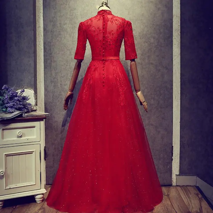 VENSANAC 2018 Beading High Neck Lace Appliques A Line Long Evening Dresses Vintage Party Button Bow Sash Half Sleeve Prom Gowns VENSANAC 2018 Beading High Neck Lace Appliques A Line Long Evening Dresses Vintage Party Button Bow Sash Half Sleeve Prom Gowns