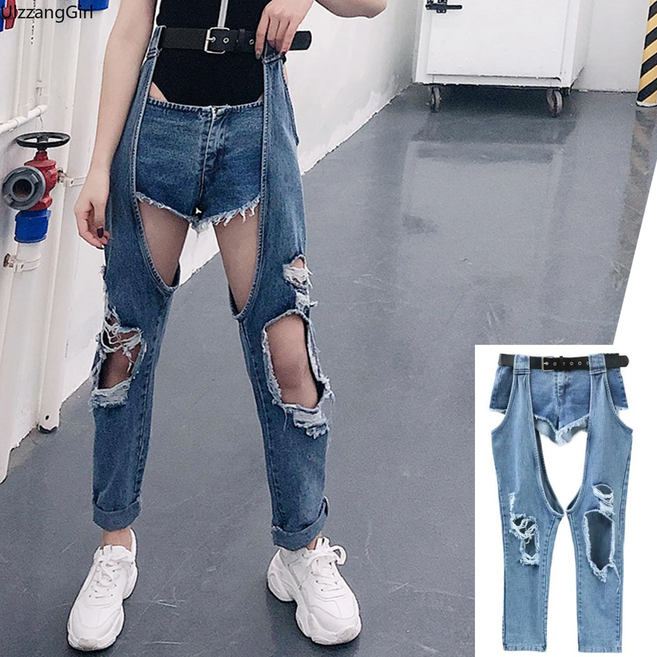 

Streetwear Patchwork Short Hollow Ripped Hole Sexy Slim High Waist Belt Sashes Harajuku Sexy Punk Denim Pant Jeans Hip Hop Women