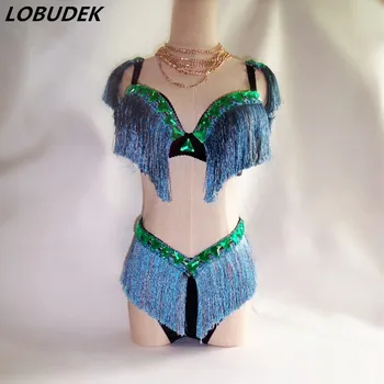 

(Bra+shorts) Crystals Tassels Bikini Female Bra sets Club Bar Singer DJ DS Costumes Sexy performance outfit Pole dancing costume