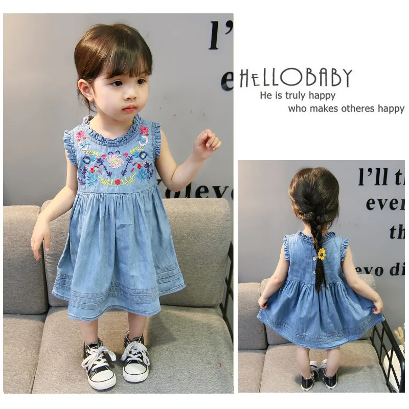 COOTELILI 70-120cm Fashion Summer Children Clothing Cute Embroidery Denim Dress Kids Girls Daughter Jeans Dresses Girl  (2)