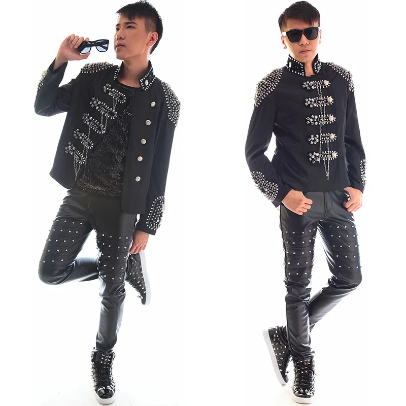

Fashion Men Black Rhinestone Tassel Jacket Nightclub Male DJ singer Royal Slim Suit Costumes party show performance wear