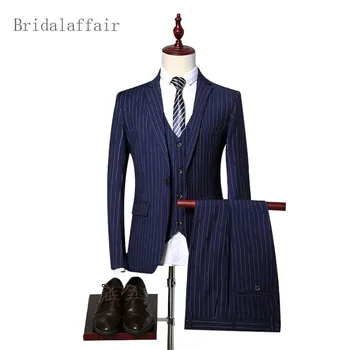 

2018 Mens Striped Suit Slim Fit Men Suits For Wedding Brand Navy,Blue,Black Mens Formal 3 Pieces Business Suit Jacket Pants Vest
