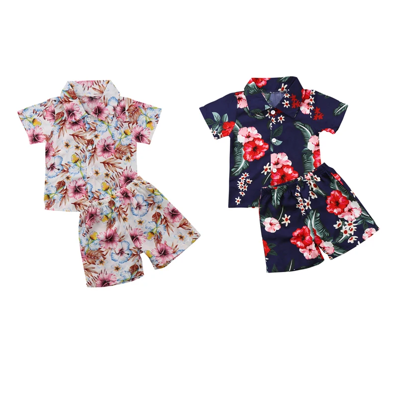 Summer летняя одежда для новорожденных из 2 предметов, хлопковая однобортная рубашка с короткими рукавами и отложным воротником и цветочным